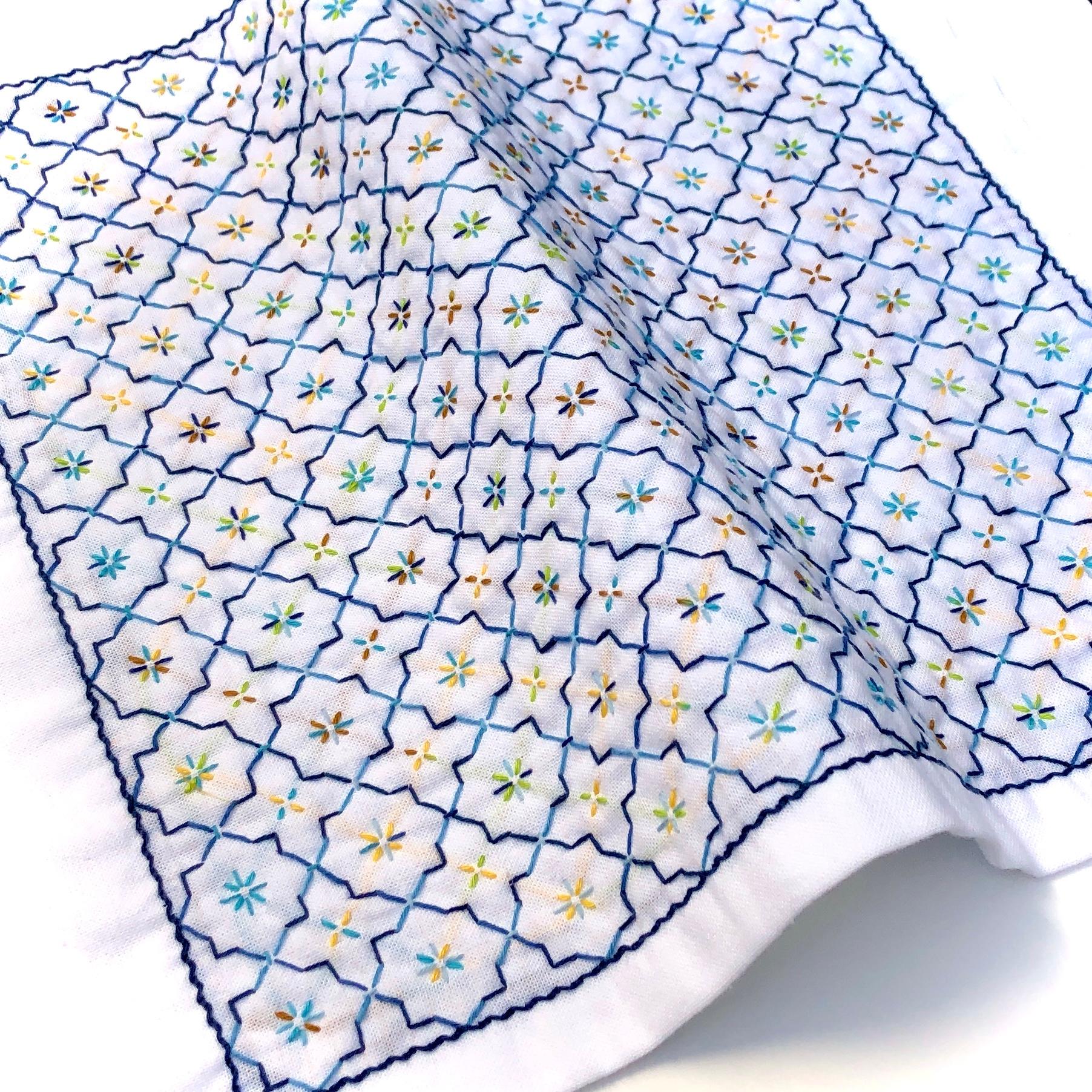 刺し子の花ふきん【花車　ブルー②