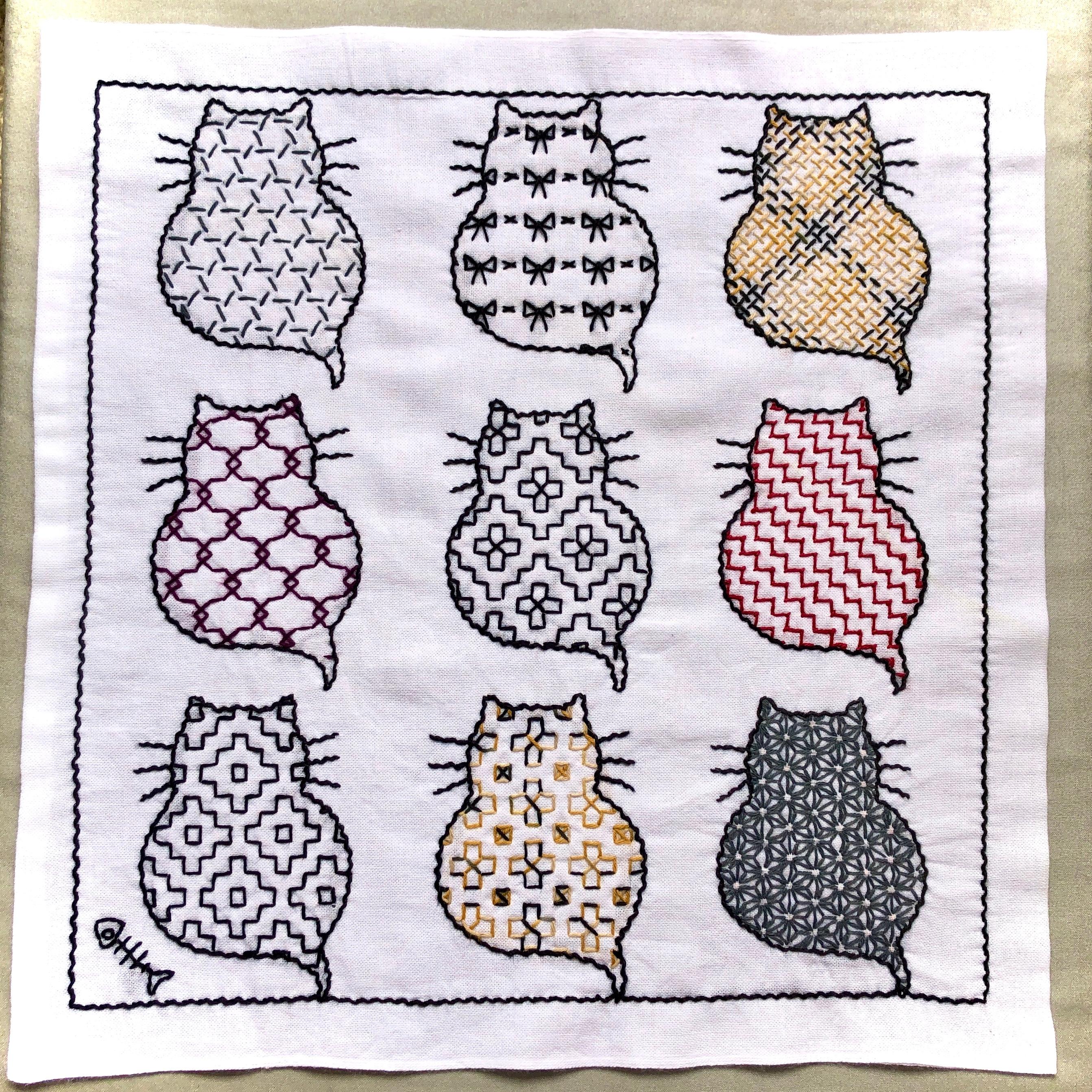 コピー：刺し子の花ふきん【９匹の猫】