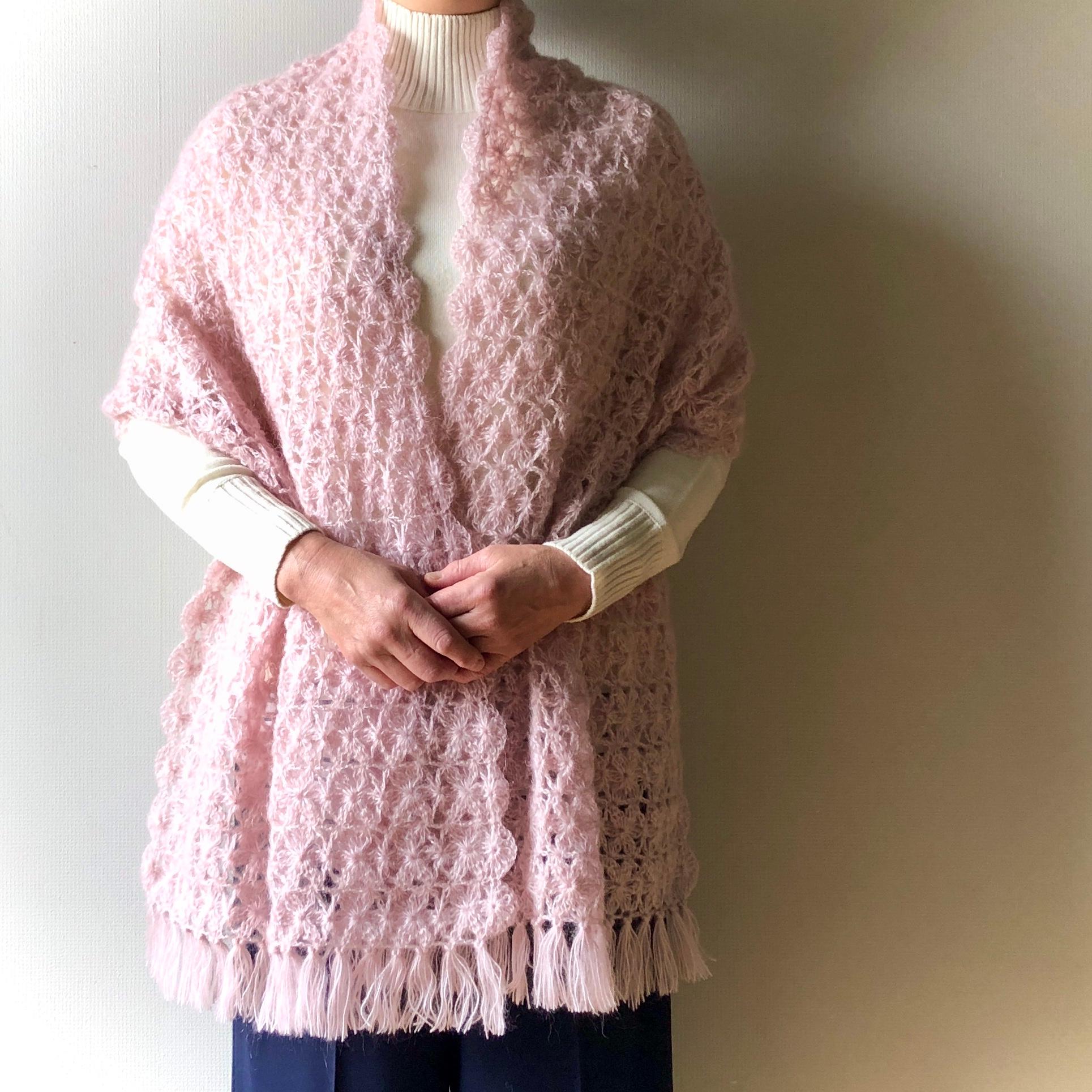 モヘアのふんわり軽～い大判ショール【スモーキーピンク花編み】