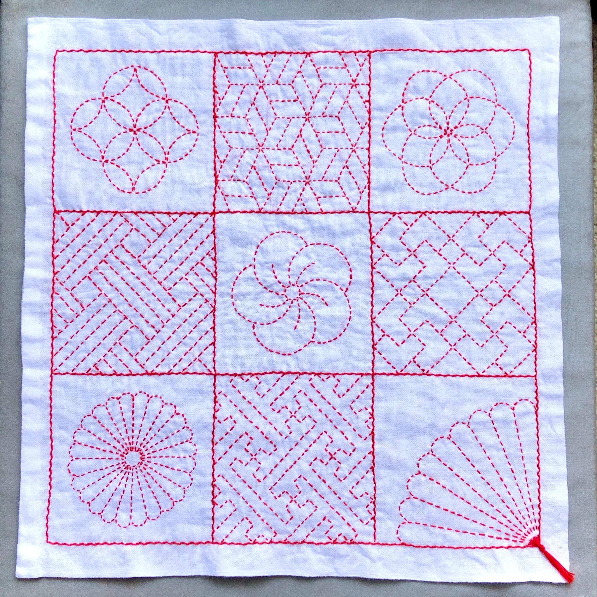 刺し子の花ふきん【寄せ模様 華やぎの赤②】